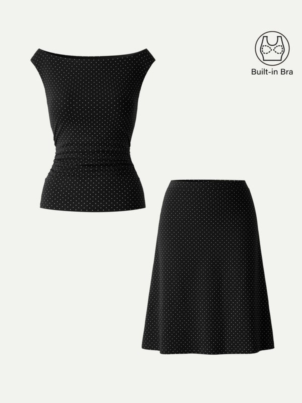 OGL Black with White Stretch Cotton 2Pcs Set Polka Dot Boatneck Bra Top & A-Lin